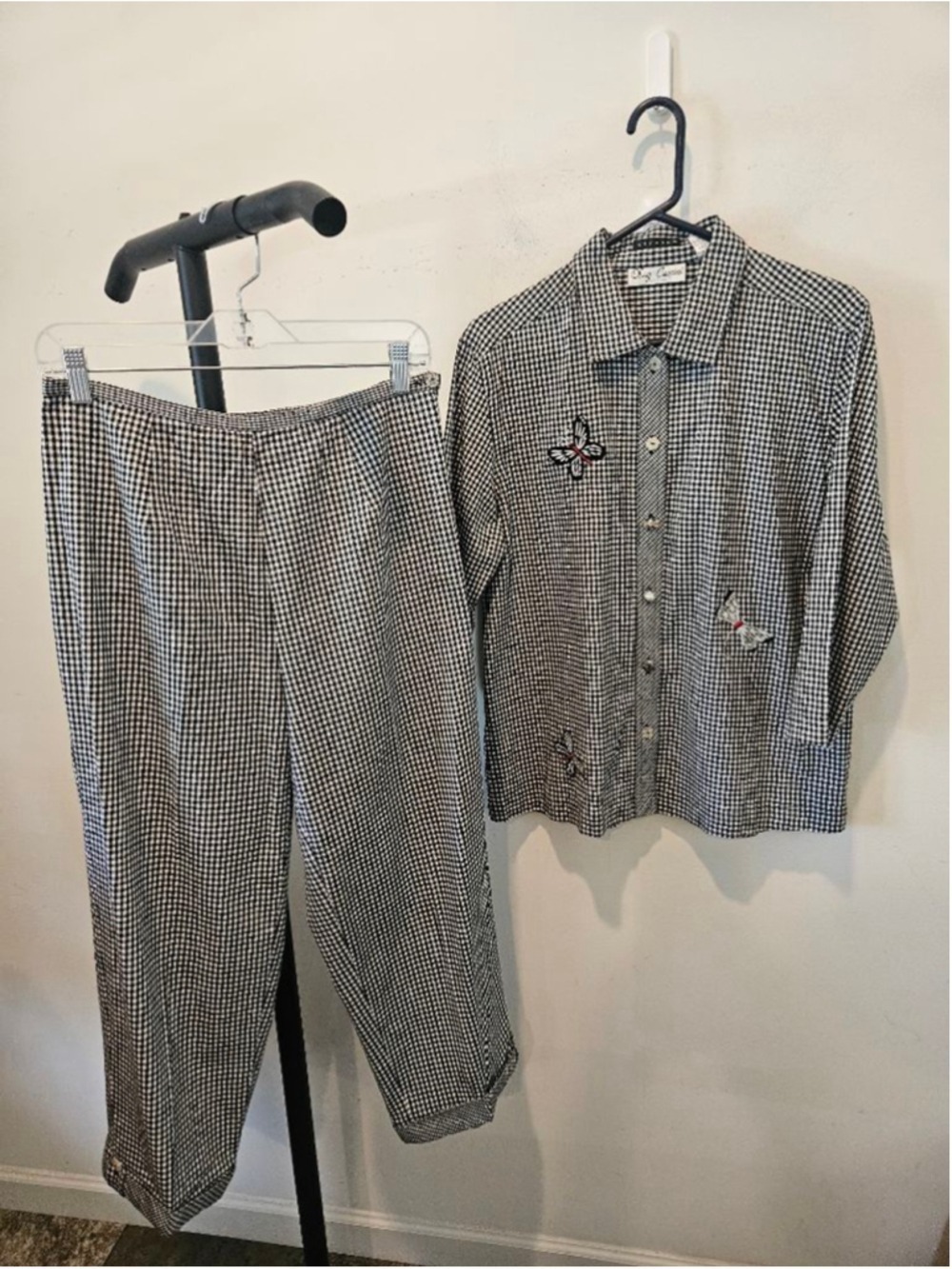 Women's Oleg Cassini Vintage 90s L Black & White Gingham Capri Pants Set